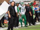 Saskatchewan Roughriders head coach Craig Dickenson patrols the sidelines during a CFL game against the Toronto Argonauts on Jul 28, 2023 in Halifax, Nova Scotia.