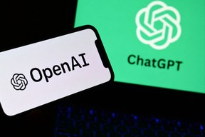 Photos of logos of the artificial intelligence OpenAI research laboratory and ChatGPT robot.