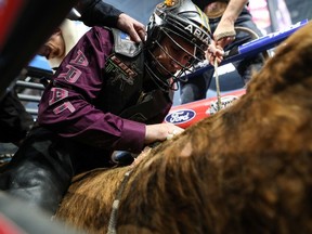 Meadow Lake's Cody Coverchuk, shown here, is looking to become only the second bull rider to win three PBR Canada Cup titles. (PBR photo by Covy Moore/CovyMoore.com.)