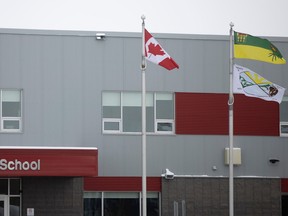 Flags flying at Ecole Harbour Landing