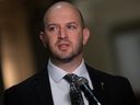 NDP MLA Matt Love answers questions from the press after Question Period at the Saskatchewan Legislative Building on Thursday, Oct. 12, 2023 in Regina.