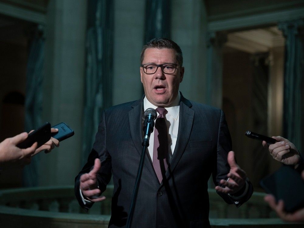 Premier of Saskatchewan Scott Moe answers question from the press after Question Period at the Saskatchewan Legislative Building on Tuesday, October 17, 2023 in Regina.