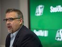 Saskatchewan Roughriders general manager Jeremy O'Day speaks at a press conference inside Mosaic Stadium after the team announced it will not be renewing head coach Craig Dickenson's contract on Monday, October 23, 2023 in Regina. 