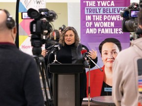 YWCA Regina CEO Melissa Coomber-Bendtsen speaks at a news conference where the province announced additional funding for the YWCA Regina Centre for Children and Families on Thursday, January 5, 2023 in Regina.