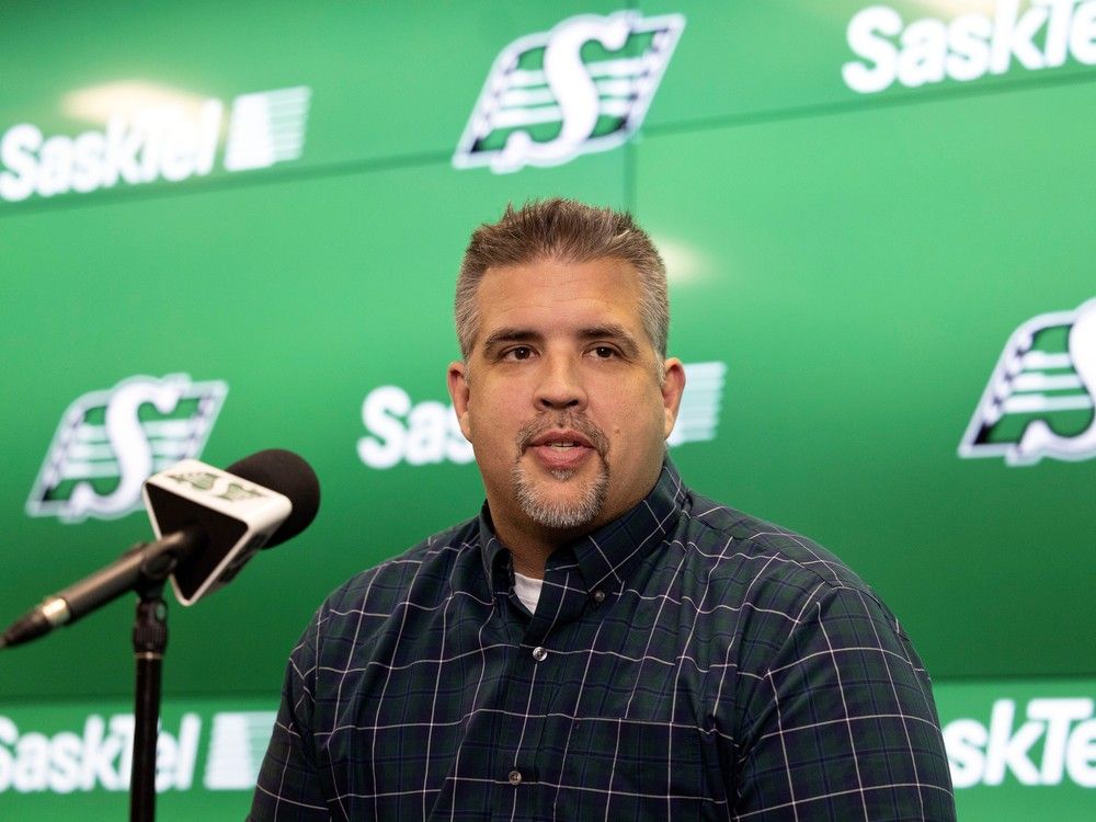 Saskatchewan Roughriders general manager Jeremy O'Day speaks with reporters at Mosaic Stadium in this file photo from Wednesday, February 8, 2023 in Regina.