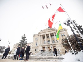 Premier Scott Moe stands under a Snow Bird flyover outside the Saskatchewan Legislative Building before the Throne Speech and the start of the final session of the current government ahead of planned 2024 general election on Wednesday, October 25, 2023 in Regina. KAYLE NEIS / Regina Leader-Post