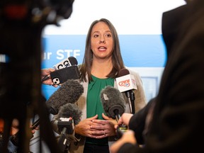 Saskatchewan Teachers' Federation president Samantha Becotte shares the results of the teachers vote on job sanctions at Delta Hotels by Marriott downtown Saskatoon.