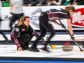 Skip Rachel Homan throws a rock as she takes on Silvana Tirinzoni's side in the WFG Masters Grand Slam of Curling Women's Final in Saskatoon on Sunday.