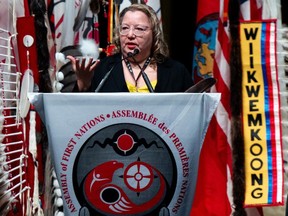 Candidate Cindy Woodhouse speaks during the All Candidates Forum on the first day of the annual Assembly of First Nations Special Chiefs Assembly (SCA) in Ottawa, on Tuesday, Dec. 5, 2023.