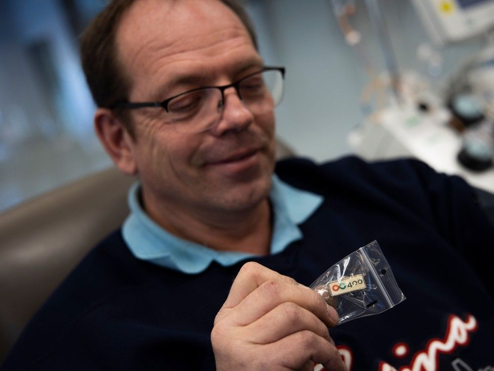 Wade Murray donates his blood for the 400th time at Canadian Blood Services on Friday, December 29, 2023 in Regina.