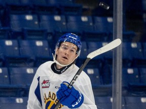 The Saskatoon Blades' newest addition, forward Alexander Suzdalev, on ice during WHL practice at SaskTel Centre. Photo taken in Saskatoon, Sask. on Saturday, January 9, 2023.