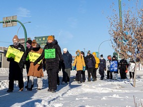 As part of the one-day strike by teacher across Saskatchewan, teachers in Saskatoon rallied at three locations, including Midtown Plaza. Photo taken in Saskatoon, Jan. 16, 2024.
