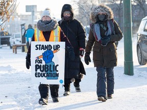As part of the one-day strike by teacher across Saskatchewan, teachers in Saskatoon rallied at three locations, including Midtown Plaza. Photo taken in Saskatoon, Sask. on Tuesday, January 16, 2024.