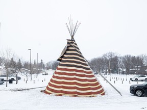A teepee has been set up outside Kerry Vickar Centre during the James Smith Cree Nation mass stabbing inquest in Melfort