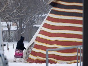 A teepee is set up outside Kerry Vickar Centre during the James Smith Cree Nation mass stabbing inquest in Melfort, Sask. Photo taken in Melfort, Sask. on Thursday, January 18, 2024.