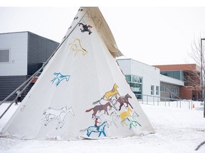 A teepee is set up outside Kerry Vickar Centre during the James Smith Cree Nation mass stabbing inquest in Melfort on Jan. 18, 2024.