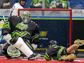 Saskatchewan Rush's Frank Scigliano and Jake Boudreau during NLL action against the Vancouver Warriors at SaskTel Centre. Photo taken in Saskatoon, Sask. on Saturday, January 20, 2024.