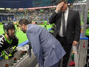 Bruce Alexander (right) has been relieved from his duties as assistant coach on the Saskatchewan Rush, while Jeremy Tallevi (middle), shown here talking to Rush defender Mike Messenger, remains as defensive co-ordinator. Photo taken in Saskatoon, Sask. on Saturday, January 20, 2024.