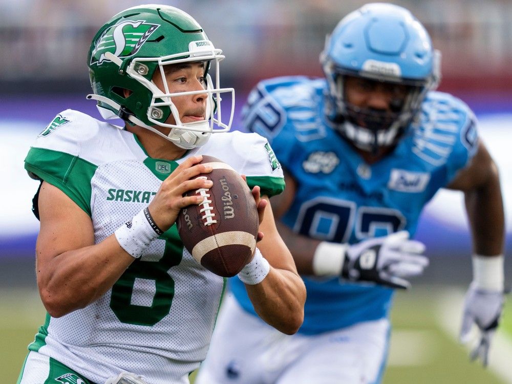 Saskatchewan Roughriders quarterback Mason Fine (8) attempts to throw a pass against the Toronto Argonauts on Jul 28, 2023 in Halifax for Touchdown Atlantic in Week 8 of the 2023 CFL season. KEVIN SOUSA / CFL