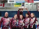 Team Ackerman celebrates after winning the 2024 Saskatchewan Viterra Scotties provincial women's curling title (L-R: coach Patrick Ackerman, lead Kaylin Skinner, second Taylor Stremick, third Ashley Thevenot and skip Skylar Ackerman)