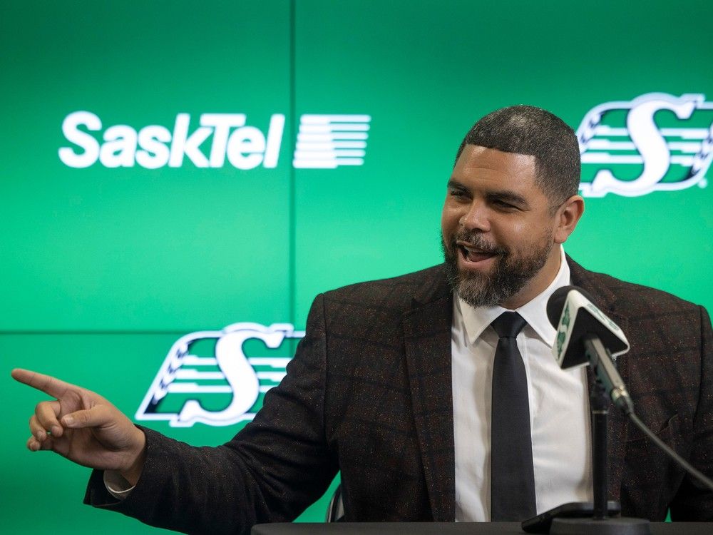 Saskatchewan Roughriders head coach Corey Mace answers questions from the media during a press conference welcoming Mace to his new position on Friday, December 1, 2023 in Regina. 