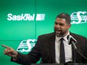 Saskatchewan Roughriders head coach Corey Mace answers questions from the media during a press conference welcoming Mace to his new position on Friday, December 1, 2023 in Regina.