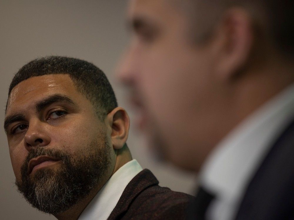 REGINA, SASK : December 1, 2023-- New Saskatchewan Roughriders Head Coach Corey Mace sits beside General Manager Jeremy O'Day during a press conference welcoming Mace to his new position on Friday, December 1, 2023 in Regina. KAYLE NEIS / Regina Leader-Post