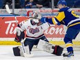 Saskatoon Blades forward Brandon Lisowsky (8) deflects the puck on the Regina Pats during WHL action at SaskTel Centre. Photo taken in Saskatoon, Sask. on Wednesday, January 31, 2024.