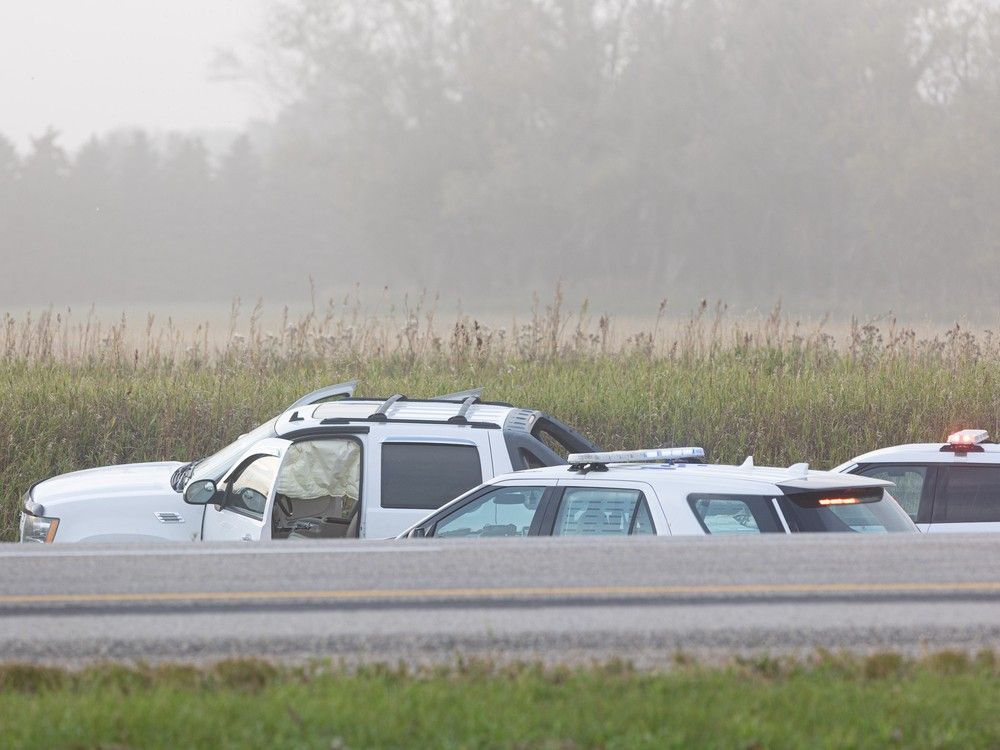 RCMP on scene on Highway 11 after the arrest of Myles Sanderson north of Saskatoon on Sept. 6, 2022.