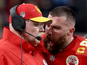 Kansas City Chiefs tight end Travis Kelce yelling at head coach Andy Reid.