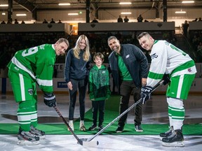 There was a ceremonial puck drop before The Roughrider Foundation Winter Classic at Merlis Belsher Place in Saskatoon on Saturday, Feb. 3, 2024.
