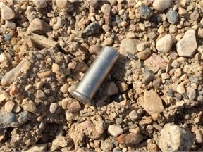 One of the two shell casings found at the gravel pit in April 2016. Greg Fertuck told undercover officers that he shot Sheree Fertuck twice at the pit. (Court exhibit)