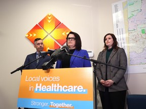 Saskatchewan NDP leader Carla Beck, with the party's health care critics Jared Clarke, left, and Vicki Mowat, say there has been a steady decline in the province's rural and remote healthcare workers under the Scott Moe government. (ROB O'FLANAGAN/Saskatoon StarPhoenix