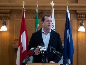 NDP finance critic Trent Wotherspoon holds a press conference in response to the Saskatchewan Government authorizing $757 million in new spending a month before the budget on Thursday, February 22, 2024 in Regina. KAYLE NEIS / Regina Leader-Post