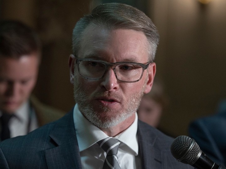  Minister of Health Everett Hindley answers questions from the press after Question Period at the Saskatchewan Legislative Building on Thursday, Oct. 12, 2023 in Regina.