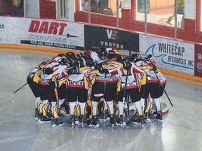 An on-ice huddle of the 2018-19 Regina Rebels.