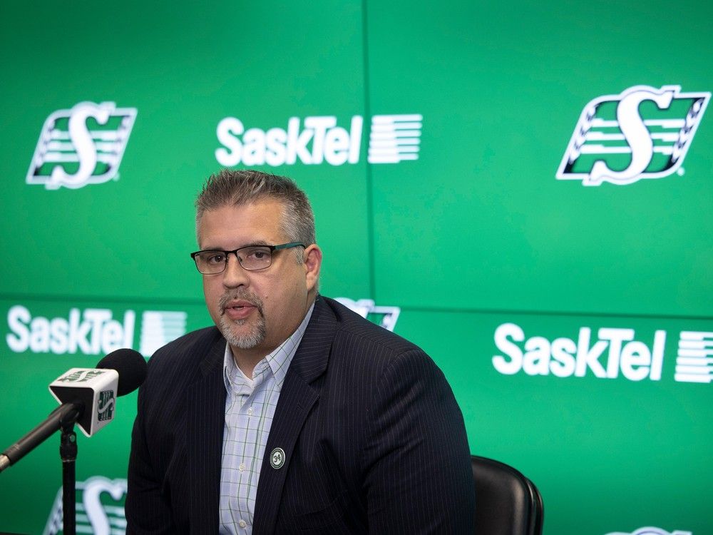 Saskatchewan Roughriders general manager Jeremy O'Day speaks at a press conference inside Mosaic Stadium after the 2023 CFL season. 