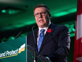 Saskatchewan Premier Scott Moe speaks during the Saskatchewan Party Convention in Regina, on Saturday, Nov. 4, 2023. Moe is in India to promote trade despite heightened tensions between Canada and the overseas country.