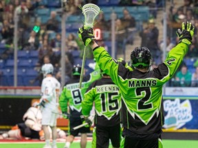 Saskatchewan Rush forward Zach Manns (2) celebrates a goal as his team takes on the New York Riptide in NLL action at SaskTel Centre in Saskatoon on March 16, 2024.