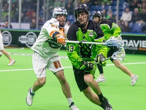 Saskatchewan Rush transition Jake Boudreau (43) takes on the New York Riptide in NLL action at SaskTel Centre in Saskatoon, Sask. on Saturday, March 16, 2024.