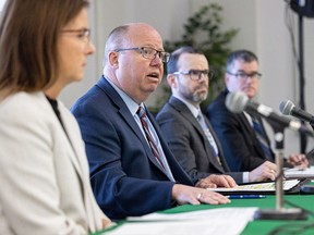 Saskatchewan Health Authority CEO Andrew Will (centre) provides an update on the implementation and progress of the Saskatoon and Regina capacity pressure action plans. Photo taken in Saskatoon, Sask. on Thursday, March 21, 2024.