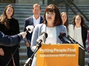 Carla Beck, leader of the Saskatchewan New Democrats, speaks during a press conference at the Legislative Building.