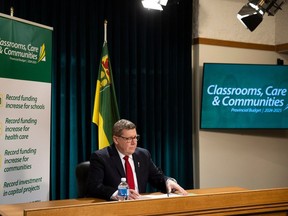 Premier of Saskatchewan Scott Moe speaks at a press conference during the 2024-2025 Saskatchewan Budget release at the Saskatchewan Legislature on Wednesday, March 20, 2024 in Regina.