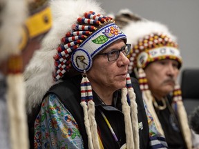 Peter Chapman Band Chief Robert Head during a media event hosted by the Federation of Indigenous Sovereign Nations' (FSIN) to address concerns regarding the local coroner's inquest in the mass stabbing event on James Smith Cree Nation in 2022, in Saskatoon on February 1, 2024. A First Nations chief in Saskatchewan says his community needs a seat at the table after a probe into the release of a mass killer failed to include members' input.