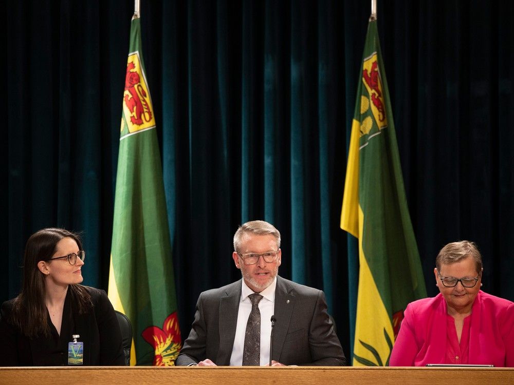 Dr. Sarah Miller, Health Minister Everett Hindley and Minister Responsible for the Status of Women Laura Ross sit in a joint press conference to announce the province's investment in several breast cancer care and screening initiatives for Saskatchewan patients on Tuesday, March 5, 2024 in Regina. 