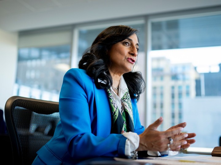  President of the Treasury Board, Anita Anand, speaks to a reporter from the Ottawa Citizen at her office in Ottawa, on Thursday, Feb. 29, 2024.