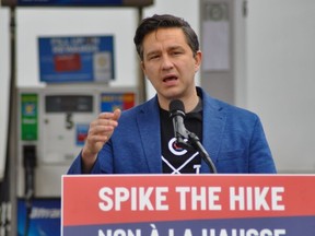 Conservative Leader Pierre Poilievre brings his "Axe the Tax" and "Spike the Hike" campaign against carbon taxes to an Ultramar gas station in Saint John, New Brunswick in March 2024.