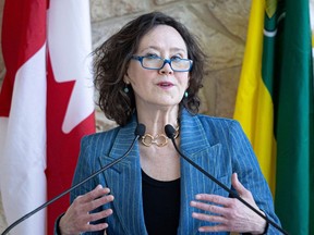 Justice Minister Bronwyn Eyre attends a joint funding announcement between the provincial government, University of Saskatchewan and Legal Aid Saskatchewan at the College of Law in Saskatoon, Sask. on Monday, April 1, 2024.