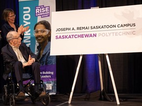 Philanthropist Joseph A. Remai smiles as he helps unveil the name of the new Saskatchewan Polytechnic Saskatoon campus. He gave a gift of $25 million to support Sask Polytech’s $100 million Time to Rise campaign. Photo taken in Saskatoon, Sask. on Friday, April 12, 2024. (Michelle Berg / Saskatoon StarPhoenix)