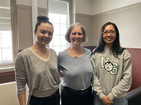 From left, Marie Rogel, Maureen Reed and Michaela Sidloski on April 17, 2024 at the University of Saskatchewan.